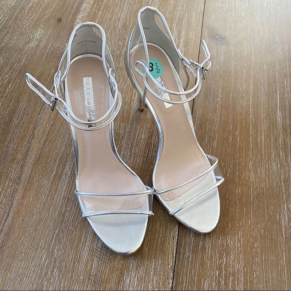 BCBGeneration clear/silver heel strap sandal 8.5
